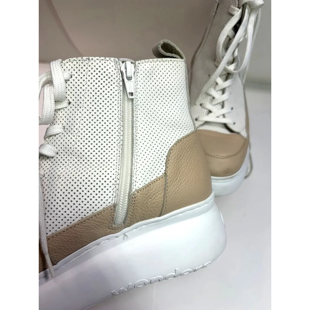 Wonders High Top Sneakers Trainers Womens White Tan Zip Lace Up Size 38 EU 8 US